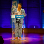 Ministra da Cultura, Margareth Menezes, faz  discurso em evento na sede da UNESCO, em Paris