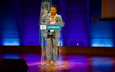 Ministra da Cultura, Margareth Menezes, faz  discurso em evento na sede da UNESCO, em Paris
